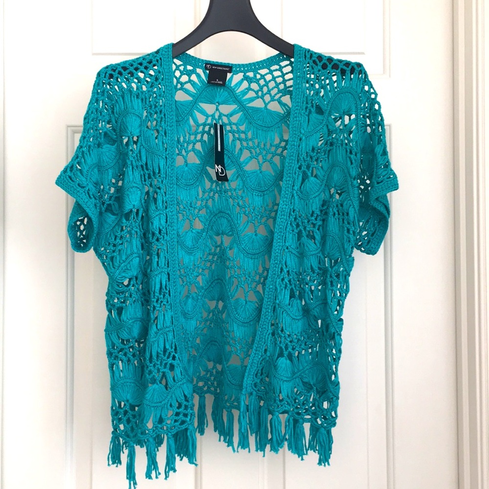 New Direction Women’s Crochet Top Shrug Small Blue NWT Short Sleeves